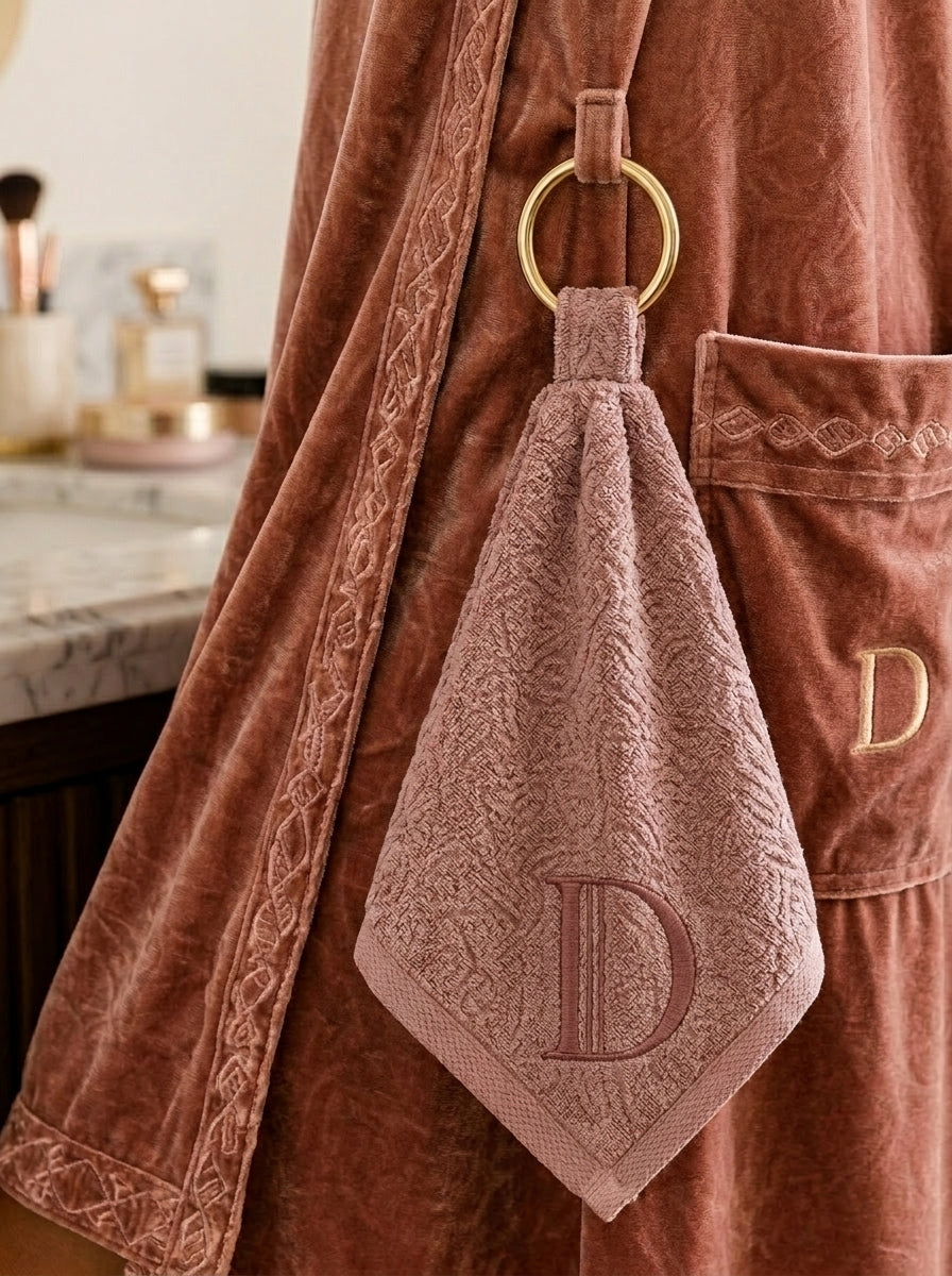 Rose gold getting-ready dress: microfiber hair towel with the Dressable D monogram embroidered in rose gold