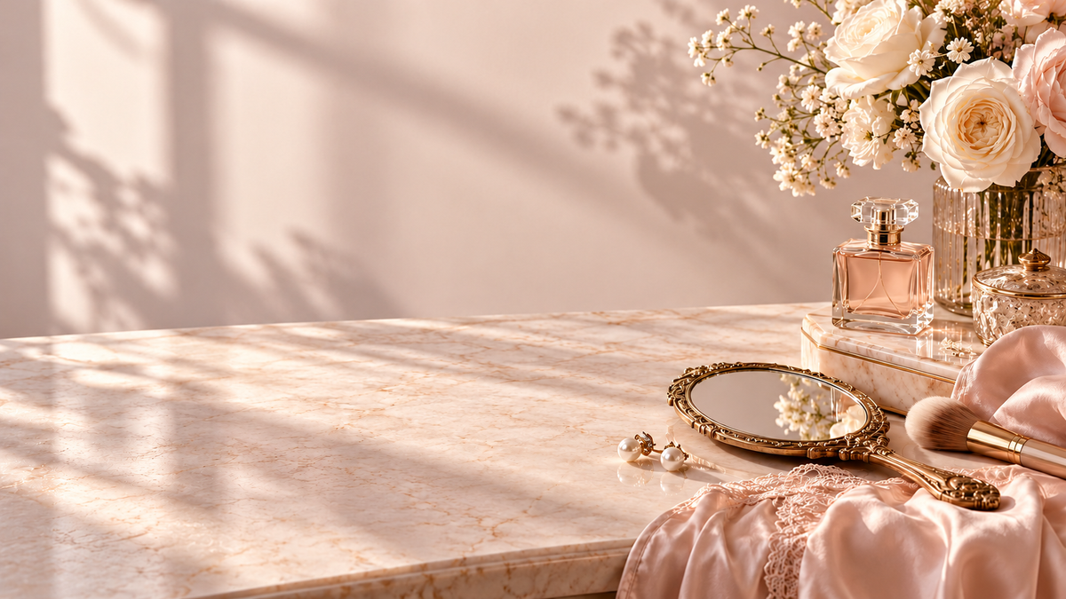 A blush marble vanity in soft morning light, with roses, perfume, pearl earrings and a gilded hand mirror