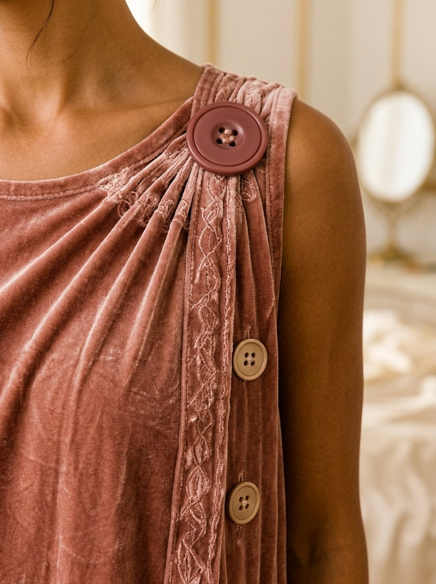 Rose gold getting-ready dress: signature shoulder button and side buttons detail