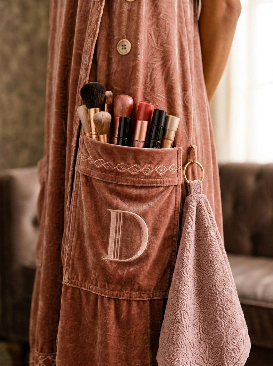 Rose gold getting-ready dress: patch pocket with the Dressable D monogram embroidered in rose gold