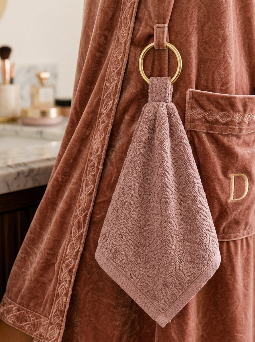 Rose gold getting-ready dress: microfiber tip towel on gold ring detail