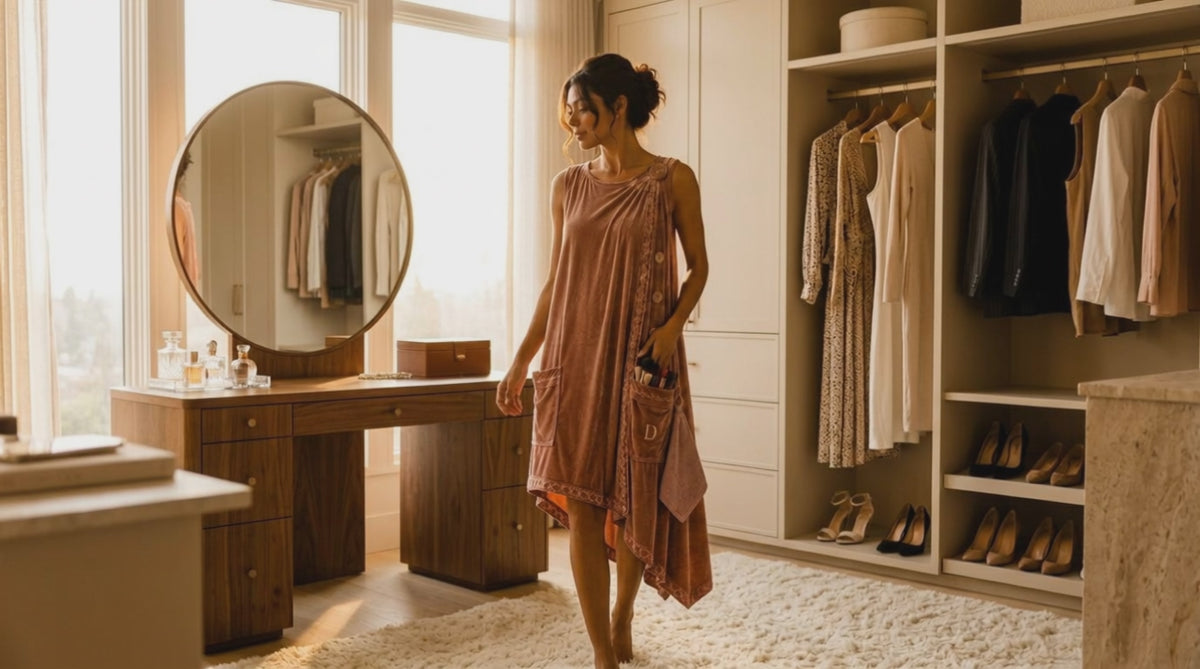 Model in the rose gold Getting-Ready Dress walking from her closet to the vanity