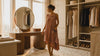 Model in the rose gold Getting-Ready Dress walking from her closet to the vanity